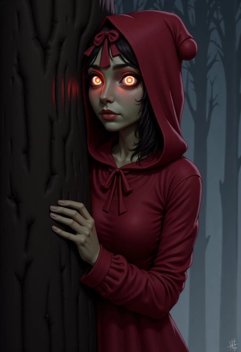 symbol-shaped pupils, hood, red dress, no humans, red ribbon, glowing eyes, gloves, colored skin, long sleeves, peeking out,  upper body, hiding behind tree, creepy,
