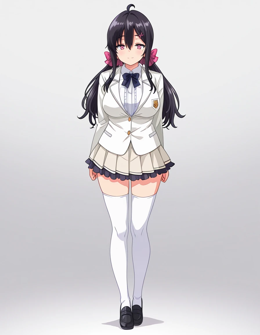 masterpiece, best quality, amazing quality,
1girl, solo, gradient background, standing, looking at viewer, full body, light smile,
nonohara yuuka (nonohara yuka no himitsu no haishin), long hair, black hair, ahoge, hair between eye, hairclip, sidelocks, pink eyes, mole under eye, low twintails, hair bow,
school uniform, white shirt, white blazer, blue bow, long sleeves, pleated skirt, white thighhighs, frills, black shoes,
<lora:nonohara_yuuka-nonohara_yuka_no_himitsu_no_haishin-ixl-anime-soralz:1>