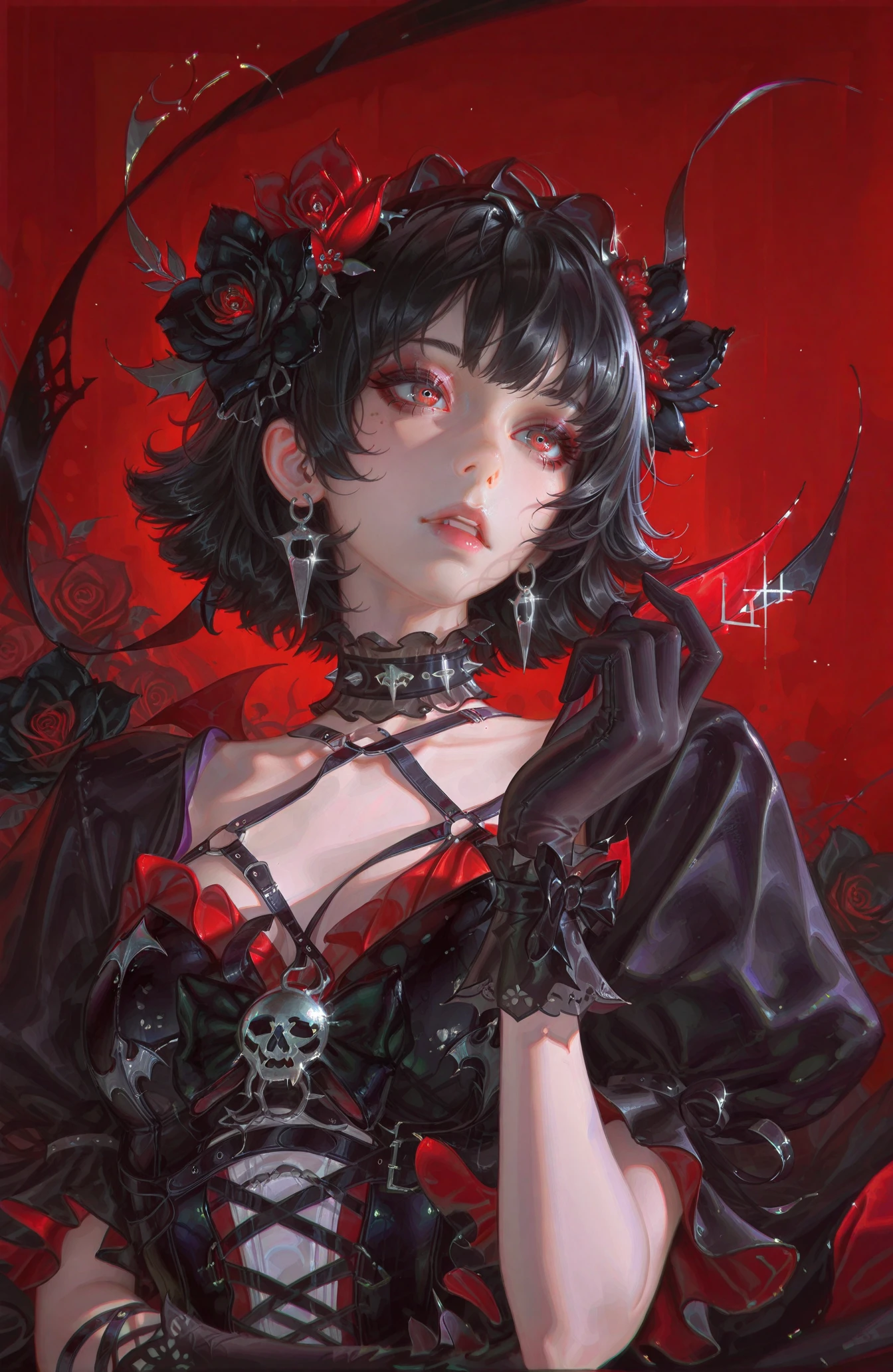 masterpiece, best quality, newest, ulzzang, zhongguoduliu, 1girl, upper-body, parted lips, elegant, red background ,black roses hair flowers, detailed, realistic, bangs, short hair, vampire, black gloves, ilya kuvhsinov, 3d digital art, black hair, black headband, (multicolored gothic dress), smooth hair, nixeu, ilya kuvshinov, <lora:zhongguoduliu-v3-illustrious:1>