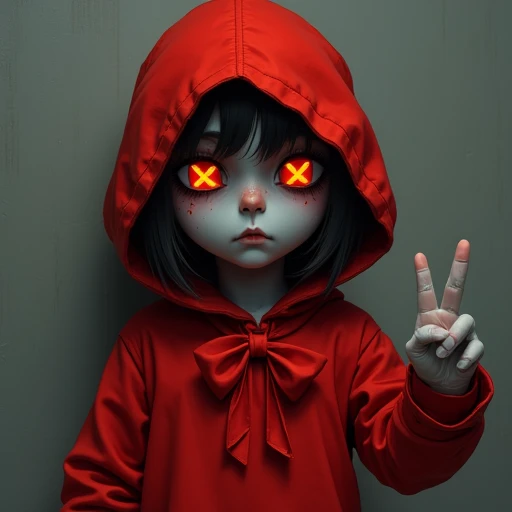 symbol-shaped pupils, hood, red dress, no humans, red ribbon, glowing eyes, gloves, colored skin, long sleeves