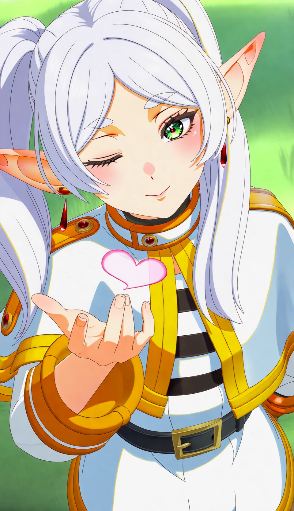 frieren, blowing a kiss, solo, elf, green eyes, twintails, one eye closed, white capelet, long hair, earrings, black belt, looking at viewer, white hair, striped shirt, long sleeves, heart, outdoors,
live2d animation, upper body, high quality cinematic video of an elf blowing a kiss.
The Camera is steady, This is a cowboy shot. The animation is smooth and fluid.
masterpiece, best quality