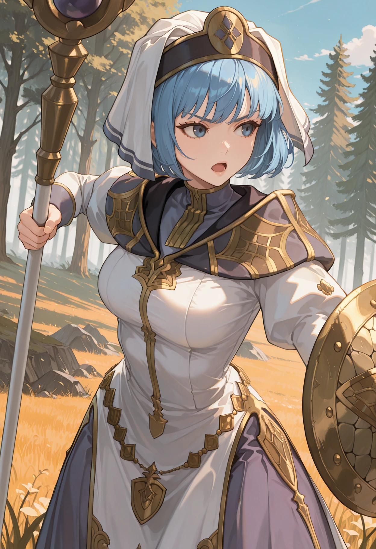 masterpiece, best quality, absurdres, highres, newest, 1girl, solo, <lora:silque-fe-richy-v1_ixl:1> silquedef, blue hair, short hair, blue eyes, veil, breasts, dress, scale shield, dragon scales, buckler, holding shield, holding staff, staff, serious, fighting stance, looking to the side, open mouth, outdoors, blue sky, forest, field