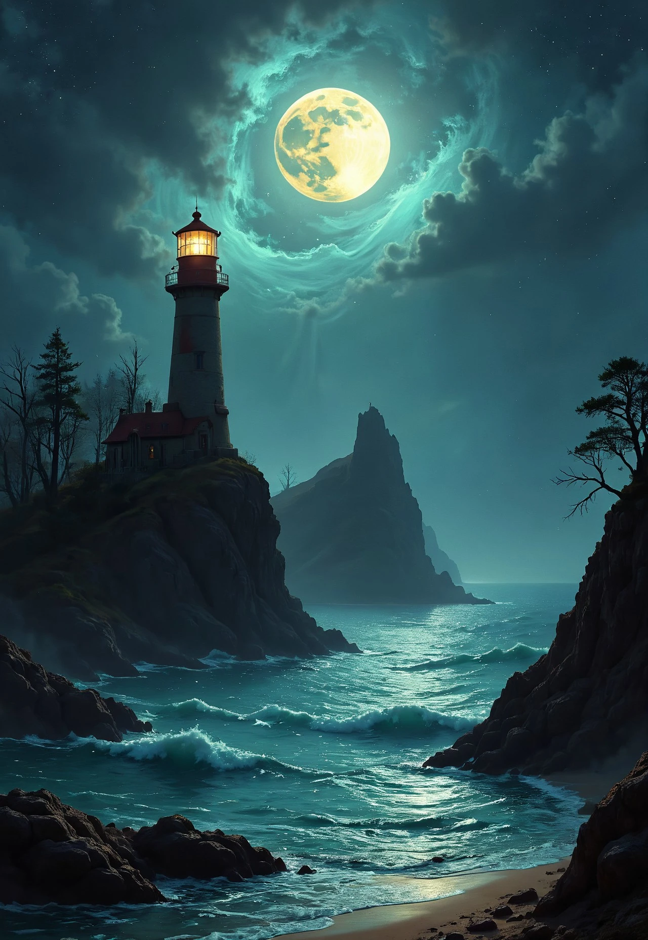 Under the eerie glow of a full moon, a dark and ominous landscape unfolds. A vibrant, colorful ship stands by the edge of a serene ocean, its vivid hues contrasting starkly with the foreboding atmosphere. In the background, a lighthouse stands atop jagged rocks, its light cutting through the darkness and reflecting off the ocean's surface, glistening in the moonlight. Thick, swirling clouds loom overhead, adding to the sense of an evil presence. The moonlight filters through the clouds, casting an otherworldly glow over the scene. A falling star streaks across the sky, adding a touch of mysticism to the night. The air is thick with a sense of ancient secrets and dark magic, as if the very night is alive with hidden power. romantic impressionism,dream scenery art,beautiful oil matte painting,romantic,style of thomas kinkade,beautiful digital painting,anime landscape,romantic painting,dreamlike digital painting,colorful painting,beautiful gorgeous digital art,style of greg rutkowski,janek sedlar,jenny saville