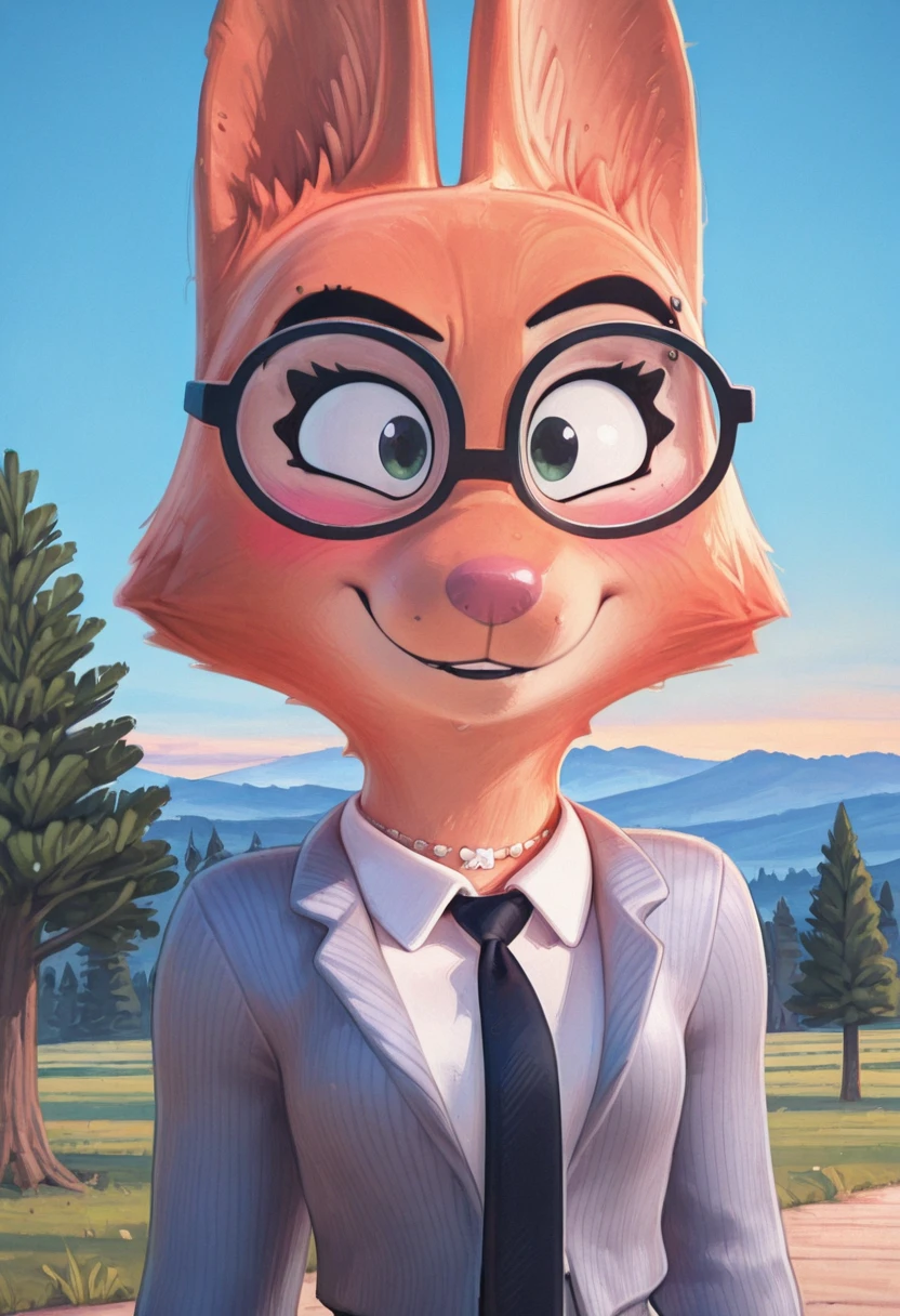 best quality, amazing quality, masterpiece, 1girl, looking at viewer, solo, cute, blush, smile, <lora:DianeFoxingtonIL:0.9>, diane foxington, emerald eyes, orange fur, fox girl, fox tail, pink nose, eyebrow piercing, standing, outdoors, sky, evening, tree, blue sky, formal, grey suit, white shirt, collared shirt, black necktie, black framed glasses, trousers, bracelet, necklace, black shoes, close, upper body, face focus, pixelsketcher , <lora:PixelsketcherIL:1>