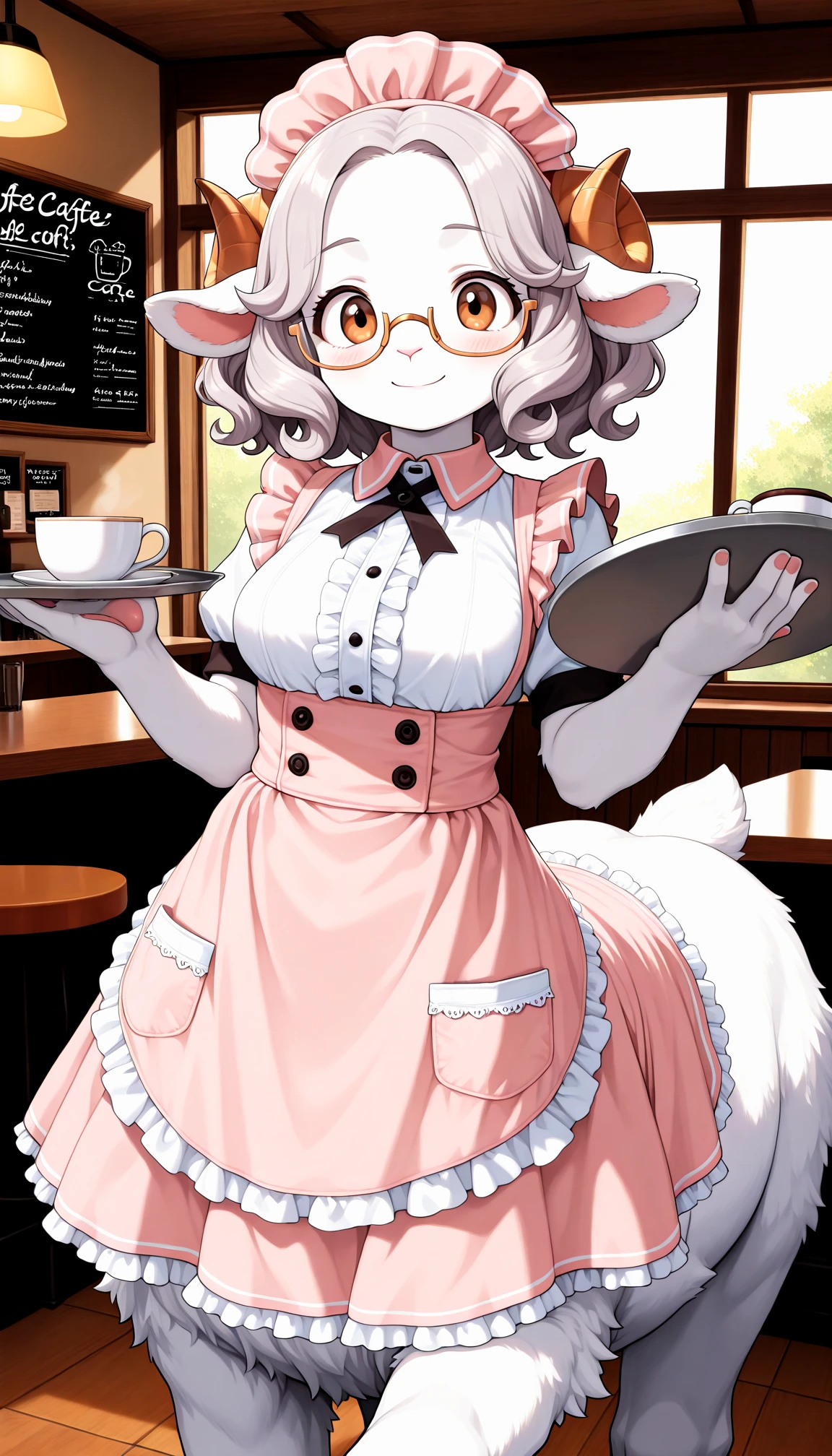 Best quality,The best decision,(fluffy anthro fluffy :1.6),(young :1.6), bunny girl,,Wavy hair,voluminous hair,long hair,Pink rabbit ears,pink bunny tail,(pink fur :1.6),green eyes,sparkling eyes,sparkling eyes,huge round glasses,maid outfit,maid headdress,(white maid gloves),(black sheer stockings),butterfly ribbon,I look at the viewer,full face blush,beautiful cafe,Romantic light,Light and shadow,Heart eyes,eyes with a heart expression,seductive face,smile,stand, Big Tits,sexy pose, very large bulge in panties