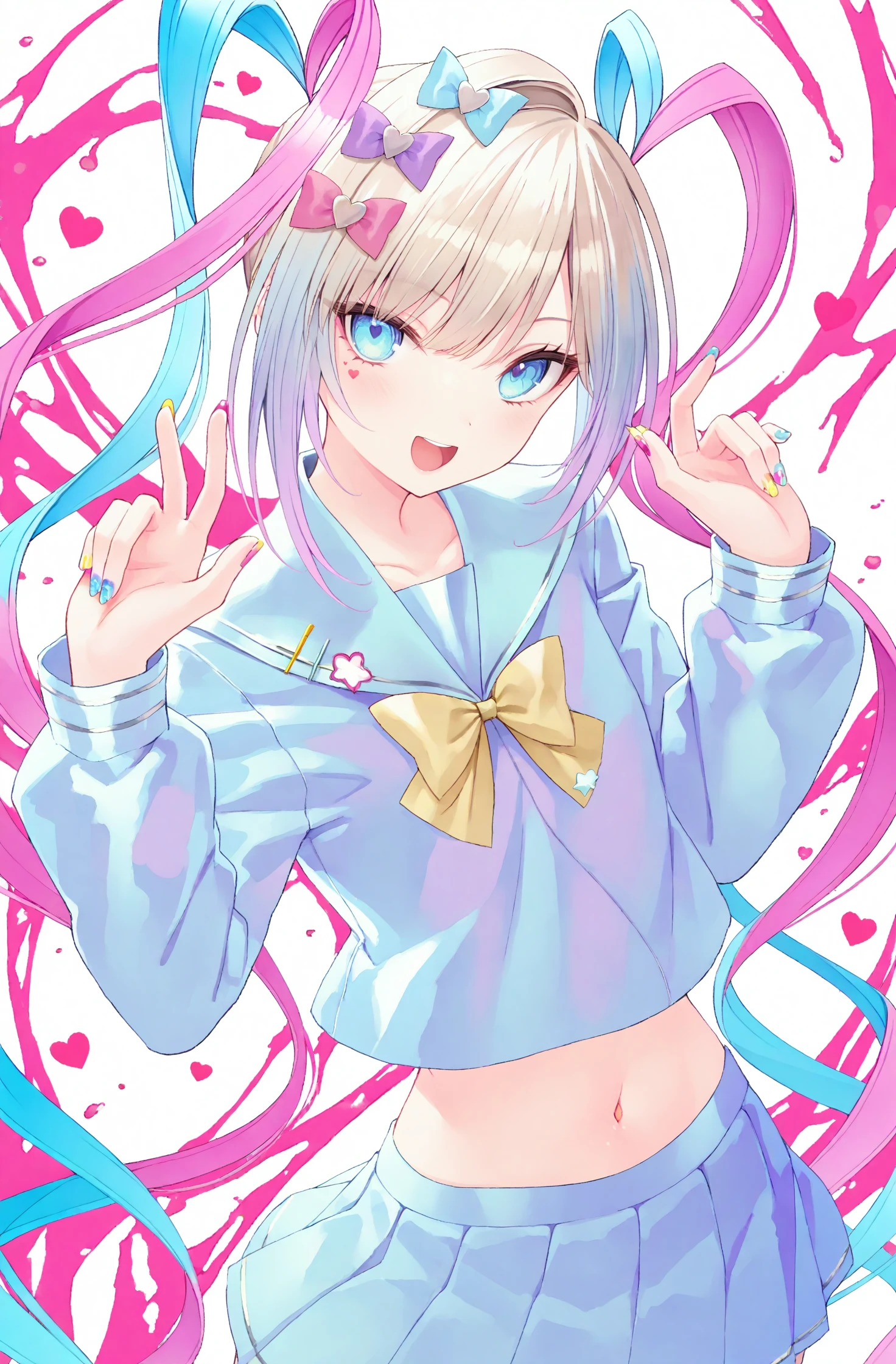 masterpiece, best quality, #rurudo, 1girl, chouzetsusaikawa tenshi-chan, solo, pink hair, bow, quad tails, blue hair, skirt, blue eyes, hair bow, multicolored hair, pleated skirt, long hair, multicolored nails, school uniform, smile, looking at viewer, open mouth, blue bow, blonde hair, purple bow, yellow bow, very long hair, long sleeves, serafuku, heart, sailor collar, yellow nails, pink nails, pink bow, navel, shirt, blue nails, cowboy shot, twintails, blue skirt, nail polish, hands up, hair ornament, midriff, :d, blue shirt