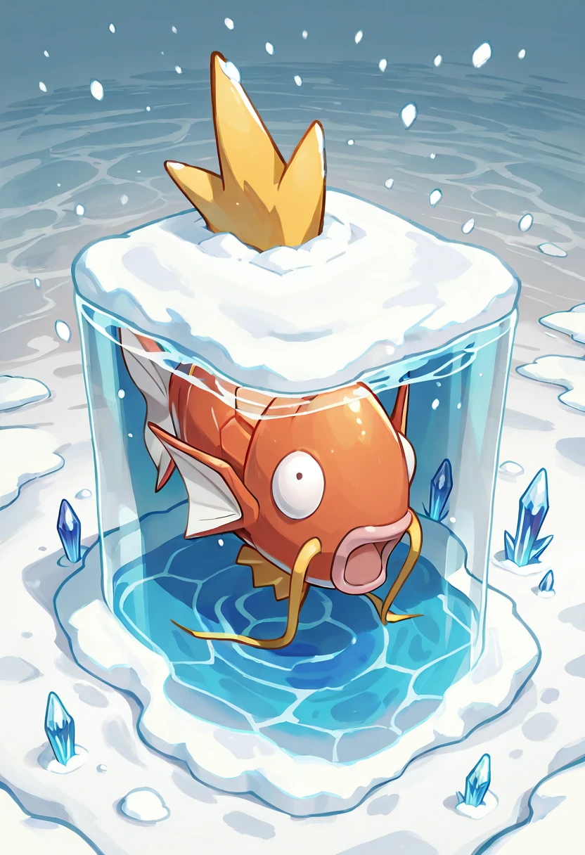 masterpiece, best quality, no humans, ,<lora:MagikarpPokedex_IXL:1.0>, zzMagikarp, trapped under a layer of ice, translucent frozen lake, snow falling gently, cold winter atmosphere, crystal-clear water, frosty textures, fish beneath the surface, quiet and melancholic mood