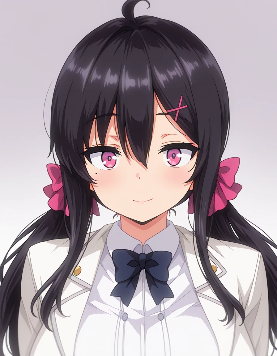 masterpiece, best quality, amazing quality,
1girl, solo, gradient background, looking at viewer, upper body, light smile, portrait,
nonohara yuuka (nonohara yuka no himitsu no haishin), long hair, black hair, ahoge, hair between eye, x hair ornament, (mole under eye:0.5), sidelocks, pink eyes, low twintails, hair bow,
school uniform, white shirt, white blazer, blue bow, gold buttons,
<lora:nonohara_yuuka-nonohara_yuka_no_himitsu_no_haishin-ixl-anime-soralz:1>