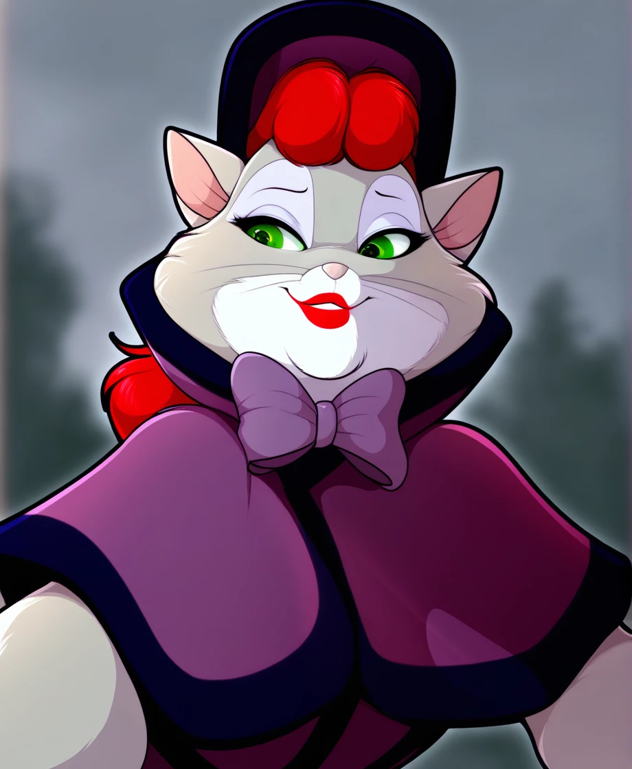 masterpiece, highly detailed, solo, miss kitty, female, green eyes, lipstick, red hair, bonnet, cloak, grey sky, by flittermilk, <lora:MissKittyXL_04-Noob-nd32-na32-lr2-ep15:1>