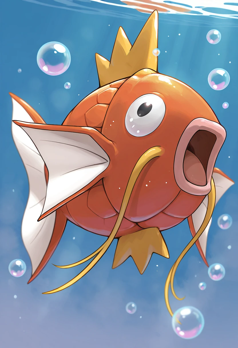 masterpiece, best quality, no humans, ,<lora:MagikarpPokedex_IXL:1.0>, zzMagikarp, open mouth, full body, blurry, black eyes, bubble, underwater, air bubble