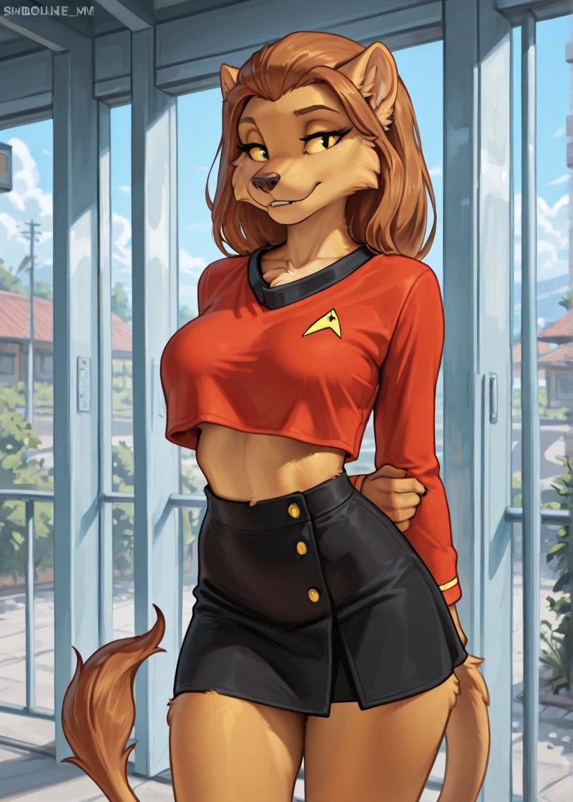 masterpiece, best quality, amazing quality, very aesthetic, high resolution, ultra-detailed, absurdres, newest,
<lora:Shiboline_MRess:1> shiboline_m'ress, clothed, furry, anthro, cowboy shot skirt crop top outside