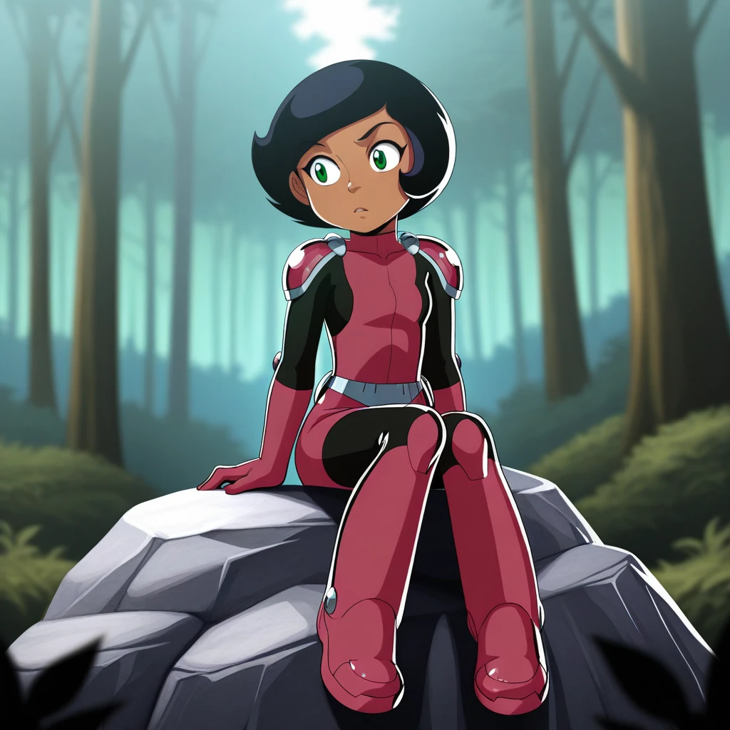 masterpiece, best quality, Megan, 1girl, solo, black hair, short hair, green eyes, dark skin, bodysuit, armor, pink skirt, two-tone legwear, sitting on rock, <lora:Megan_SpieZ_illustrious_Leaf1:1>, forest, depth of field,