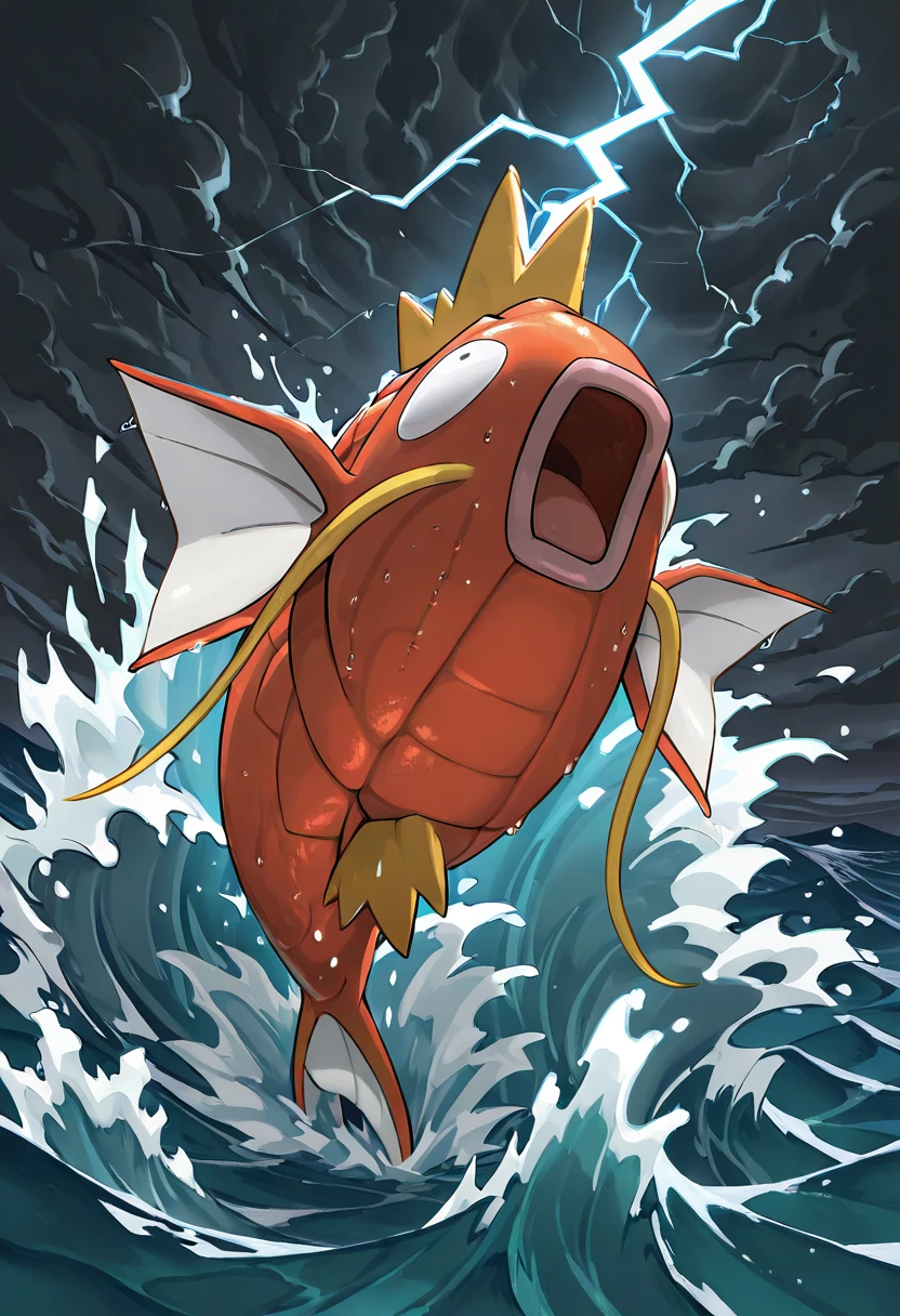 masterpiece, best quality, no humans, ,<lora:MagikarpPokedex_IXL:1.0>, zzMagikarp, struggling against rough waves, stormy ocean, dark clouds above, lightning flashing in the distance, dramatic lighting, wet glistening scales, determined expression, powerful waves crashing