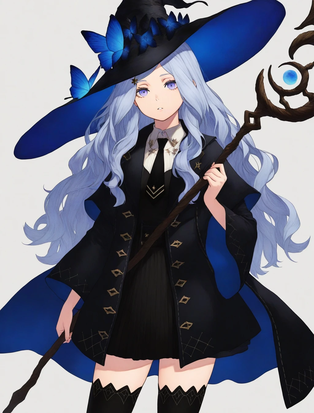 general,highres, ultra-detailed,very aesthetic,best quality ,best hands, BREAK <lora:Saryu_NieR_Reincarnation_IS:1>
Saryu(NieR_Reincarnation), 1girl, solo, long hair, grey hair, hair ornament, purple eyes, witch, witch hat, long sleeves, coat, blue hair, blue butterfly,
hat, staff, holding, thighhighs, holding staff, blue eyes, simple background, bug, necktie, butterfly, looking at viewer, black thighhighs, collared shirt, shirt, skirt, cowboy shot, parted lips, black headwear, white background, wide sleeves, white shirt, zettai ryouiki, black skirt, dress, grey background, jacket, black dress, black necktie, standing,