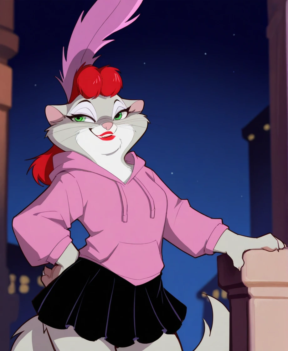 masterpiece, highly detailed, solo, miss kitty, female, green eyes, lipstick, red hair, feather headwear, pink hoodie, black skirt, smirk, one hand on hip, night sky, by cydonia xia, <lora:MissKittyXL_04-Illus-nd32-na32-lr2-ep17:1>
