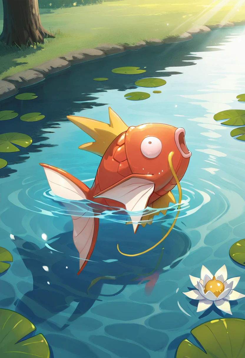 masterpiece, best quality, no humans, ,<lora:MagikarpPokedex_IXL:1.0>, zzMagikarp, shimmering golden scales, elegant swimming motion, peaceful pond, floating lily pads, soft sunlight filtering through the water, serene and magical atmosphere, koi fish aesthetic