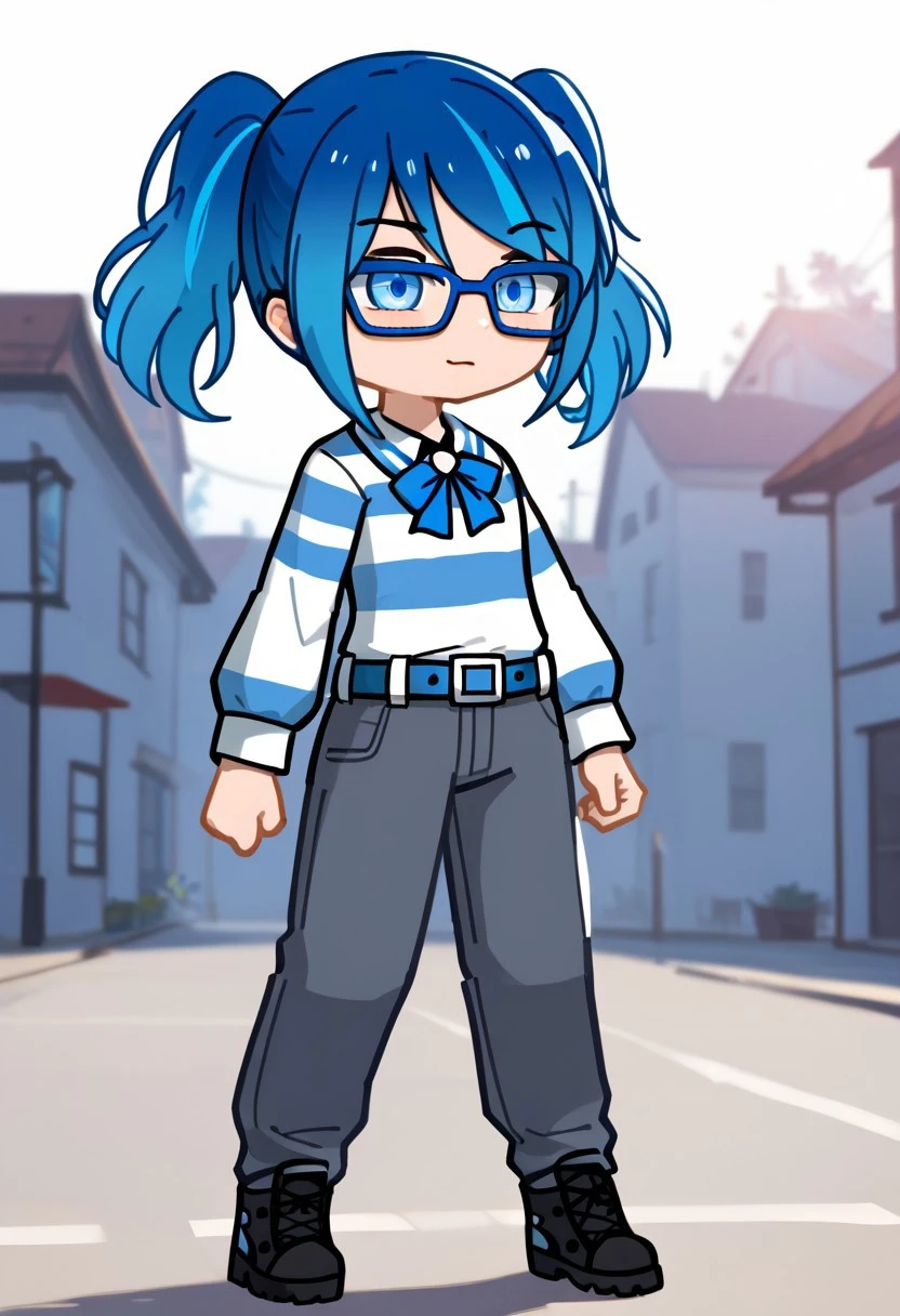 score_9,score_8_up,score_7_up,score_6_up, hair fluttering in the wind, dynamic lighting, medium shot, Gacha, paipeff53, paipeff53Gacha, blue hair, multicolored hair, glasses, blue-framed eyewear, blue eyes, twintails, blue striped shirt, blue bow on the neck, belt, gray pants, black shoes