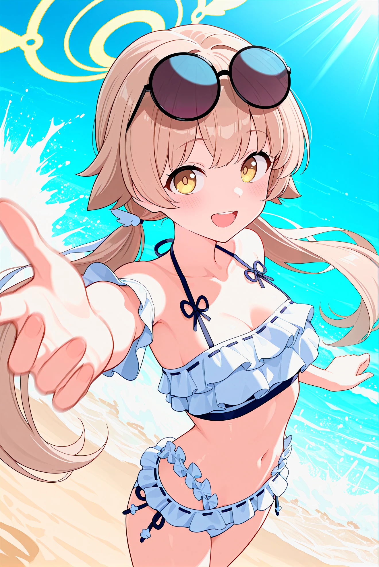 masterpiece, best quality,extremely detailed CG unity 8k wallpaper,
1girl,okita souji \(fate\), swimsuit,bikini,
smile,open_mouth,dynamic_jumping,sunlight,splash_of_water,happy,closed_eyes,selfie