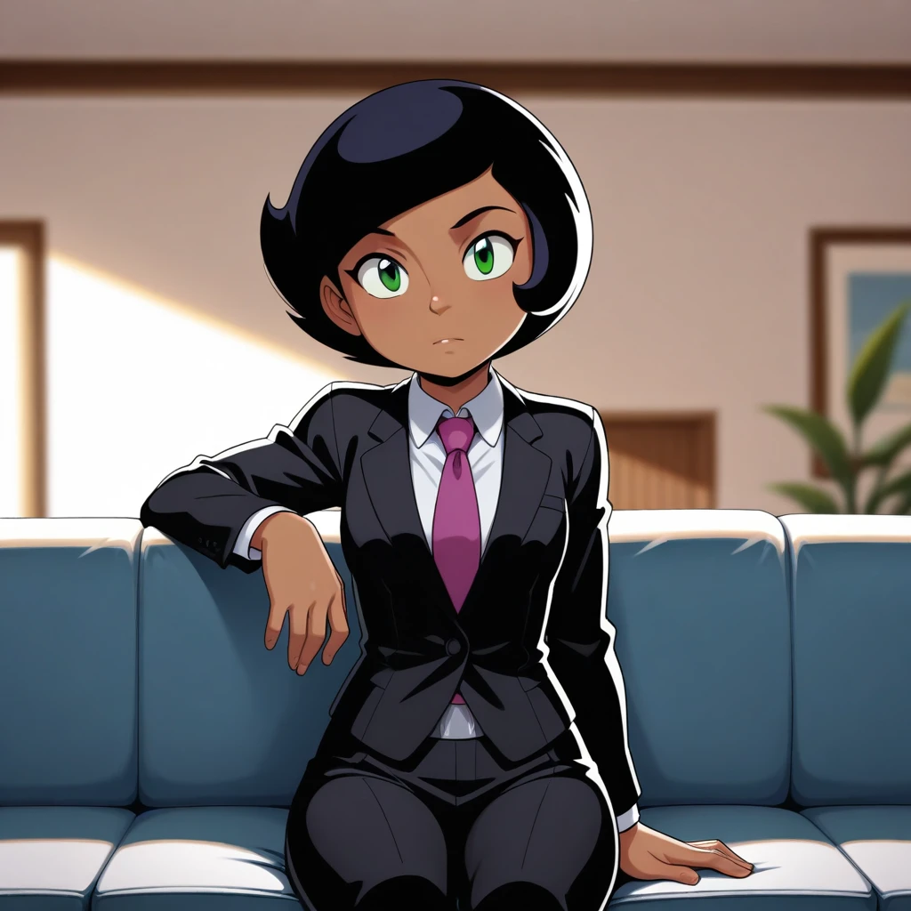masterpiece, best quality, Megan, 1girl, solo, black hair, short hair, green eyes, dark skin, black suit, white shirt, necktie, black pants, cowboy shot, <lora:Megan_SpieZ_illustrious_Leaf1:1>, indoors, depth of field, looking at viewer , sitting on couch,