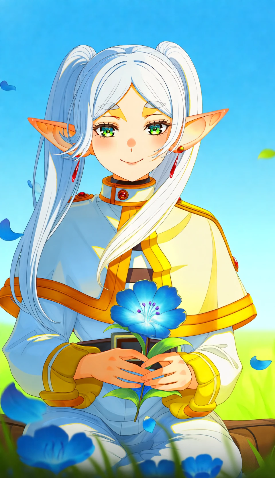 frieren, 1girl, solo, elf, twintails, holding flower, smile, long hair, white hair, blue flower, green eyes, parted bangs, closed mouth, petals, white capelet, thick eyebrows, dangle earrings, floating hair,
live2d animation, upper body, high quality cinematic video of an elf sitting in a windy field.
The Camera is steady, This is a cowboy shot. The animation is smooth and fluid.
masterpiece, best quality