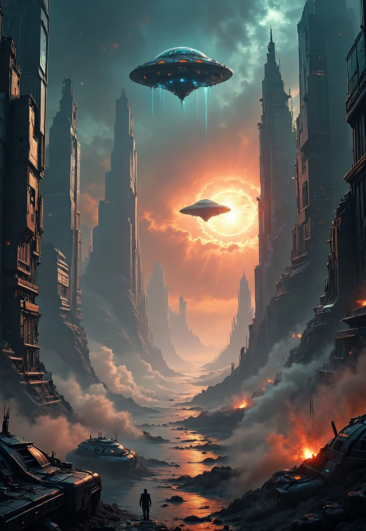ultra HD, high quality, 4K, score_9, score_8_up, score_7_up, photo, extremely detailed, 8k, high quality, Source_photo, real photo, sharp, highly detailed and hyper realistic,masterpiece, masterpiece, best quality, vivid colors, high quality, RAW photo, alien landscape, skyline . extraterrestrial, cosmic, otherworldly, mysterious, sci-fi, spaceships. interstellar war, highly detailed. very slightly orange-tinted sky. Cyberpunk alien city merge