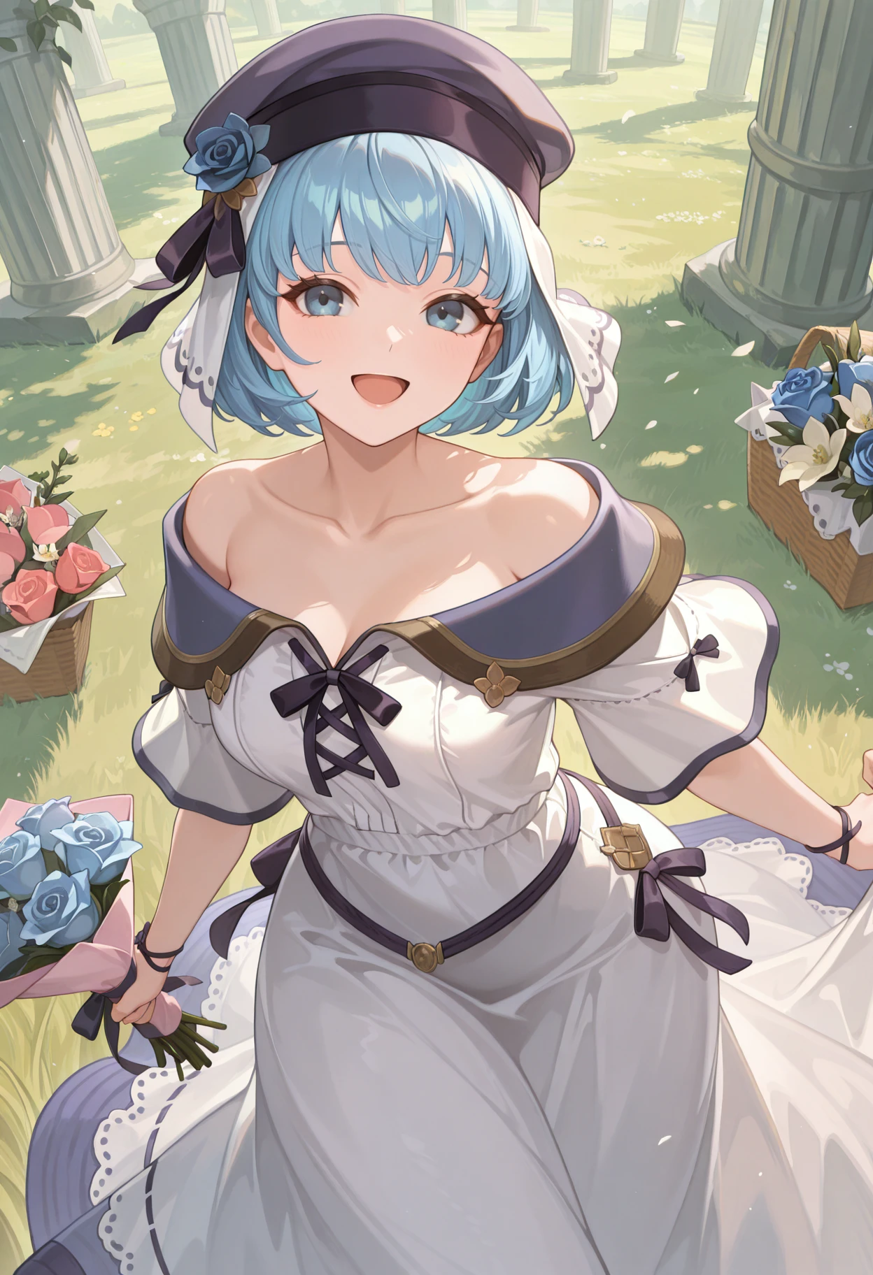masterpiece, best quality, absurdres, highres, newest, 1girl, <lora:silque-fe-richy-v1_ixl:1> silquepicnic, blue hair, short hair, blue eyes, headdress, beret, hair flower, hair ribbon, breasts, white dress, collarbone, off shoulder, standing, holding bouquet, blue rose, smile, open mouth, outdoors, looking at viewer, :D,
