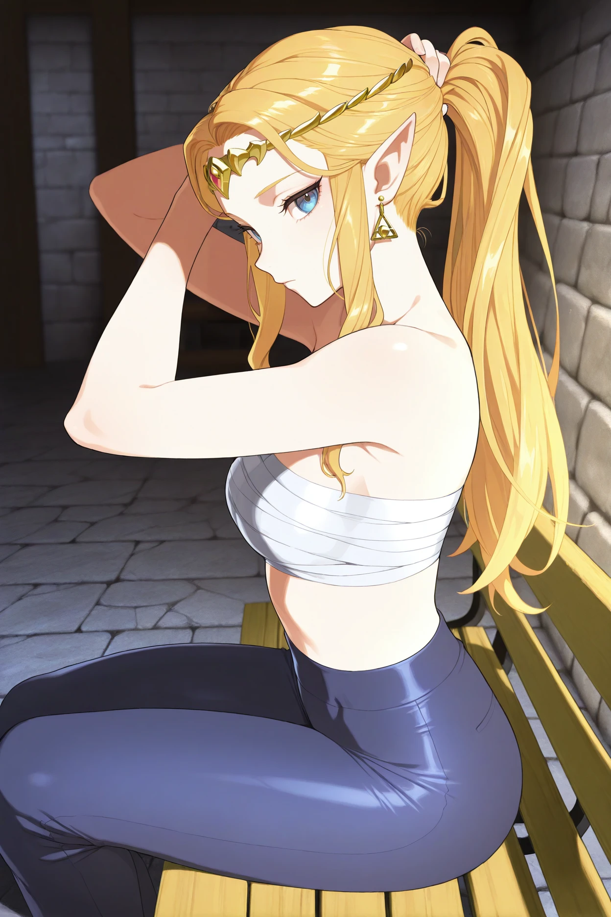 masterpiece, best quality, 1girl, solo <lora:ootzelda-illu-nvwls-v1-000006:1> ocarzl, blonde hair, long hair, sidelocks, blue eyes, pointy ears, gold tiara, earrings, chest sarashi, blue pants, skin tight, sitting, from side, looking at viewer, bench, indoors, stone floor, stone walls, arms behind head, tying hair