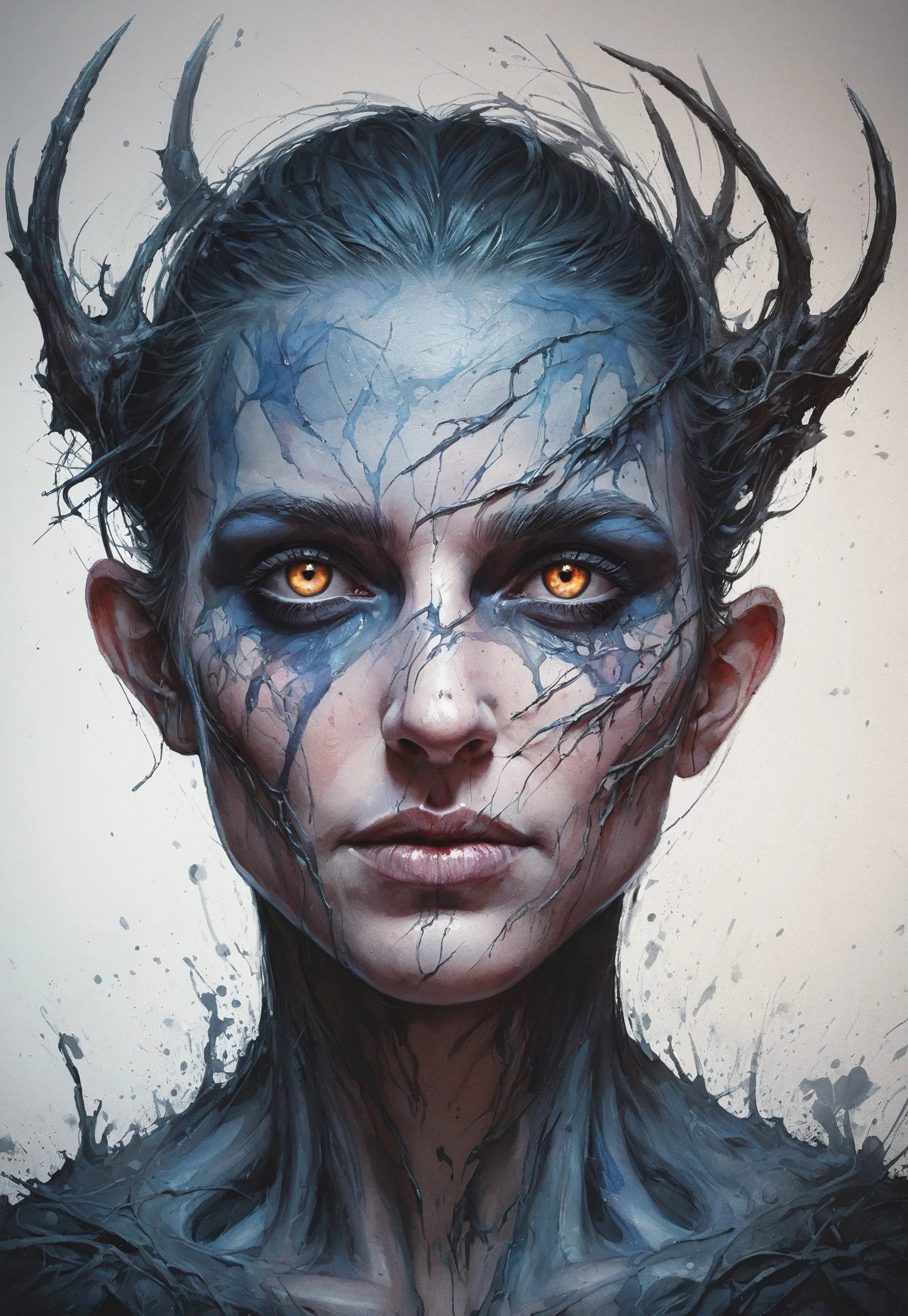photorealistic masterwork digital painting, hyper-realistic, BREAK, (watercolor painting:1.4, dynamic_angle), looking at the camera, approaching perfection, dynamic, orange black blue and pink colors, (highly detailed, digital painting, artstation, concept art), sharp focus, illustration, art by Carne Griffiths and Wadim Kashin, watercolor style, masterpiece, best quality,
shadow, dark and mysterious creature,close up,shrouded and darkness, white runic text ,grin, intriguing glowing eyes , photo,Roger Ballen