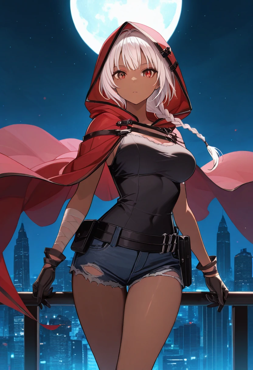 masterpiece, best quality, newest, absurdres, highres , <lora:LivvieGEIllustrious-000008:0.9>, LIVCOL, dark-skinned female, white hair, single braid, short dress, hood, gloves, bandages, black shirt, breasts, denim shorts, flowing cape, cityscape, night, skyscraper, moon, 1 girl, solo, looking at viewer,