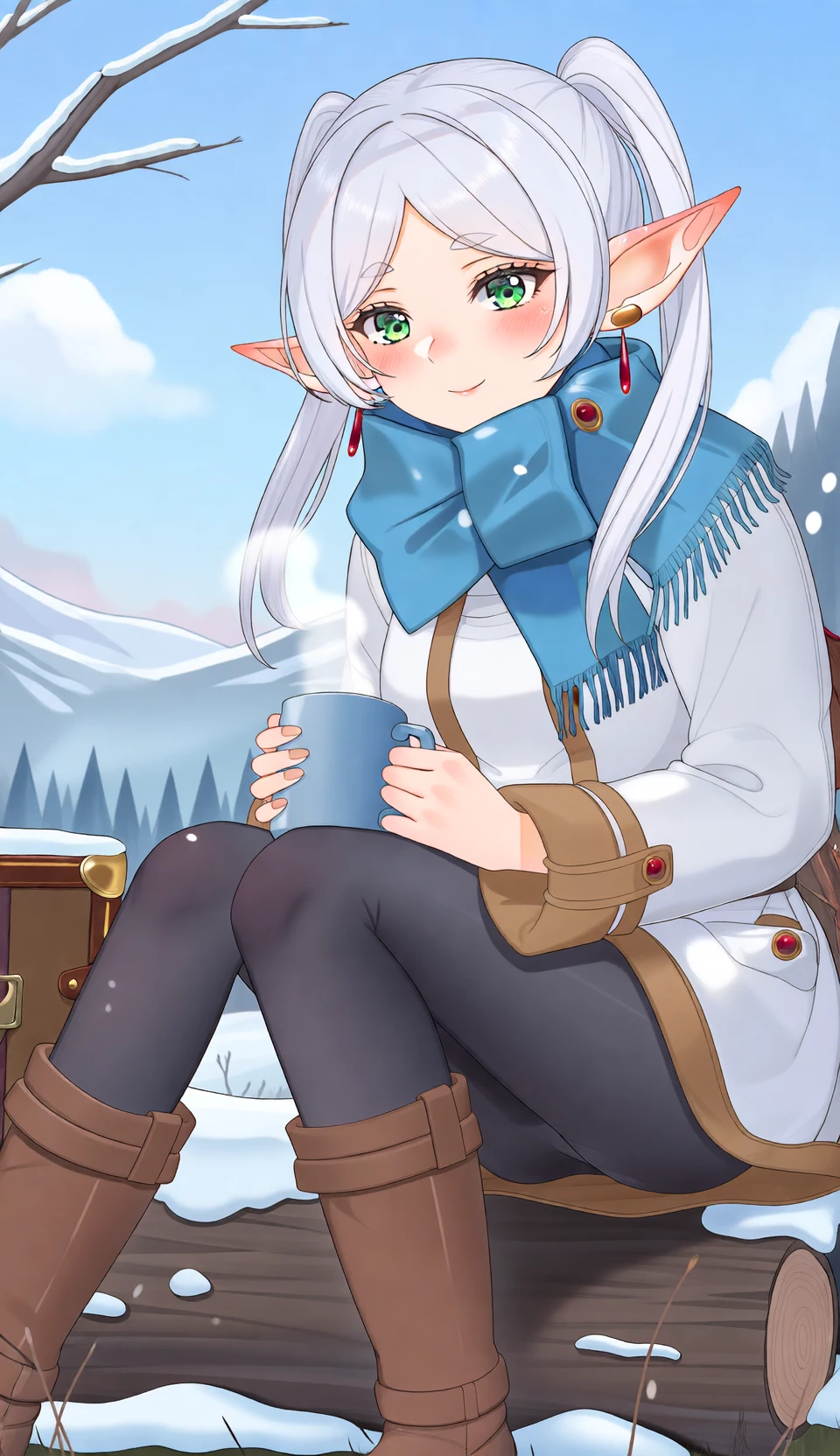frieren, 1girl, elf, green eyes, outdoors, sitting, blue scarf, twintails, holding cup, boots, log, earrings, mug, solo, suitcase, forest, bare tree, parted bangs, sky, white hair, steam, long hair, breath, black pantyhose, winter clothes, coat, long sleeves, fringe trim, blush, cloud, book, brown footwear, light smile,
live2d animation, upper body, high quality cinematic video of an elf sitting in a snowy field.
The Camera is steady, This is a cowboy shot. The animation is smooth and fluid.
masterpiece, best quality