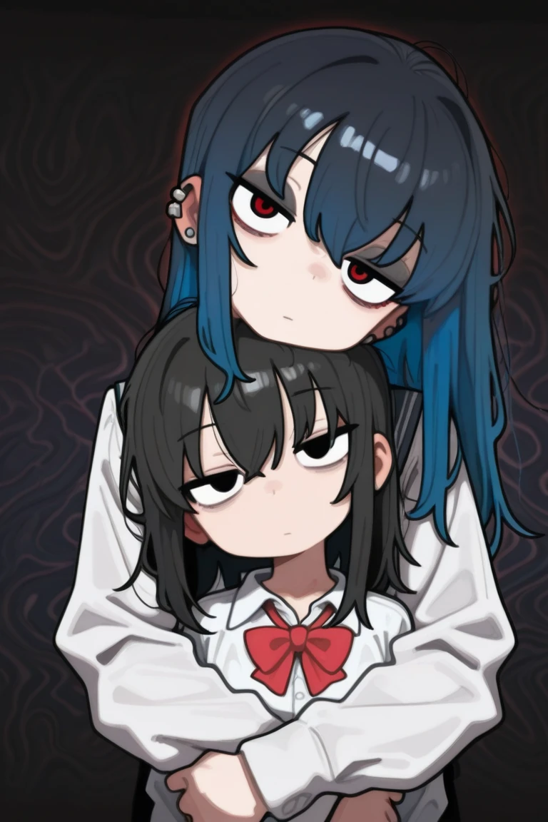 TOONCITY_ST, very awa, amazing quality, best quality, newest, highres, absurdres, 2girls, medium hair, long hair, blue hair, black hair, red eyes, black eyes, eyeliner, ear piercing, school uniform, white shirt, red bow, hug from behind, head on another's shoulder, head tilt, looking at viewer, expressionless, upper body, straight-on, abstract background, dark theme
,masterpiece,best quality,amazing quality