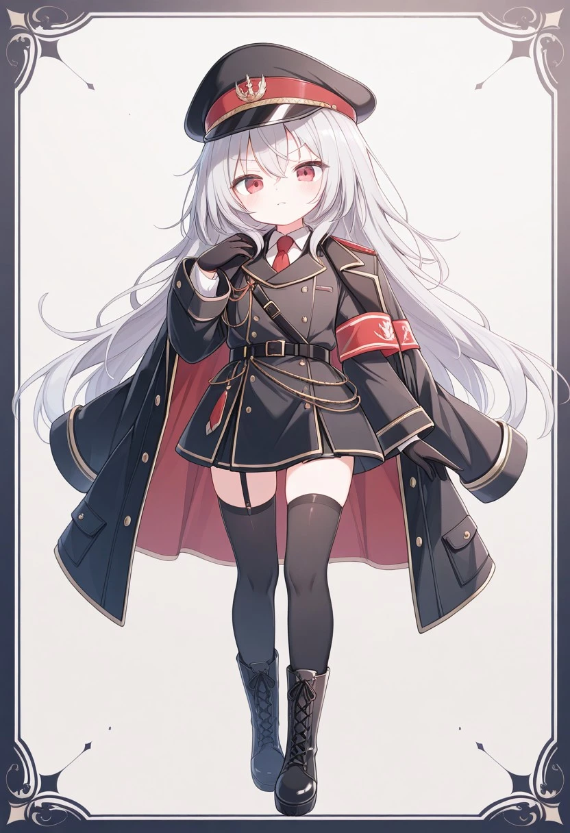 solo, Ryogoku Tsukasa, black headwear, military uniform, red necktie, armband, peaked cap, cross-laced footwear, military hat, jacket on shoulders, lace-up boots, gloves, long sleeves, black thighhighs,