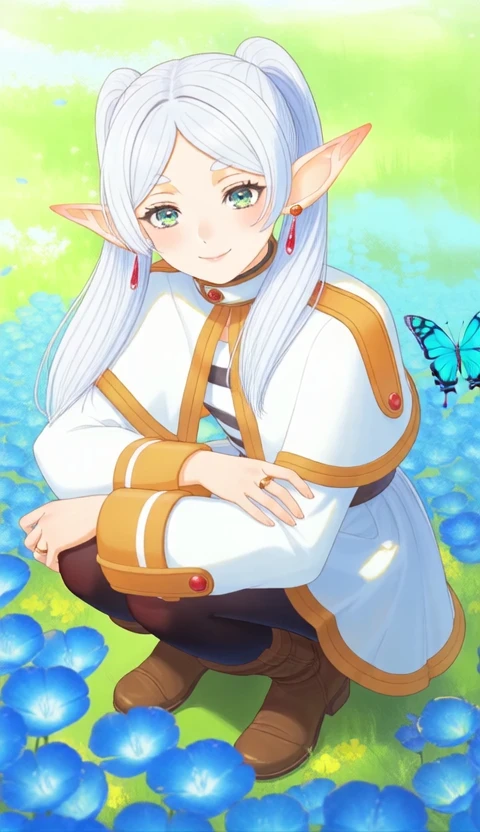 frieren, 1girl, flower, jewelry, pointy ears, solo, earrings, long hair, petals, blue flower, smile, ring, twintails, boots, field, flower field, long sleeves, butterfly, elf, green eyes, bangs, outdoors, parted bangs, squatting, closed mouth, half-closed eyes, dress,
live2d animation, upper body, high quality cinematic video of frieren sitting in a flower field.
The Camera is steady, This is a cowboy shot. The animation is smooth and fluid.
masterpiece, best quality, very aesthetic