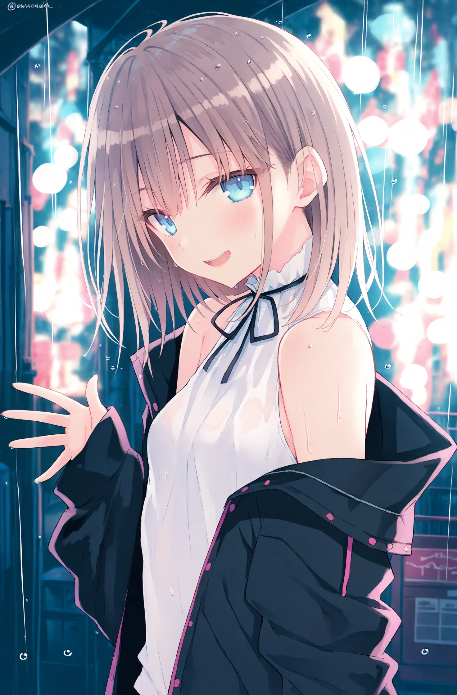 masterpiece, best quality, #rurudo, 1girl, solo, jacket, looking at viewer, off shoulder, smile, sleeveless, shirt, rain, bare shoulders, open jacket, blue eyes, brown hair, open mouth, neck ribbon, open clothes, upper body, blurry, black jacket, long sleeves, white shirt, blurry background, blush, ribbon, :d, sleeveless shirt, twitter username, small breasts, depth of field, outdoors, breasts, hand up, black ribbon, sleeves past wrists
