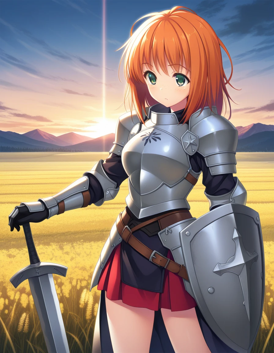(sankuro), <lora:1_illu_sankuro_25ev2:1>, 1girl, armor, sword and shield, skirt, freckles, orange hair, medium hair, green eyes, field, mountains, (masterpiece, best quality, amazing quality),