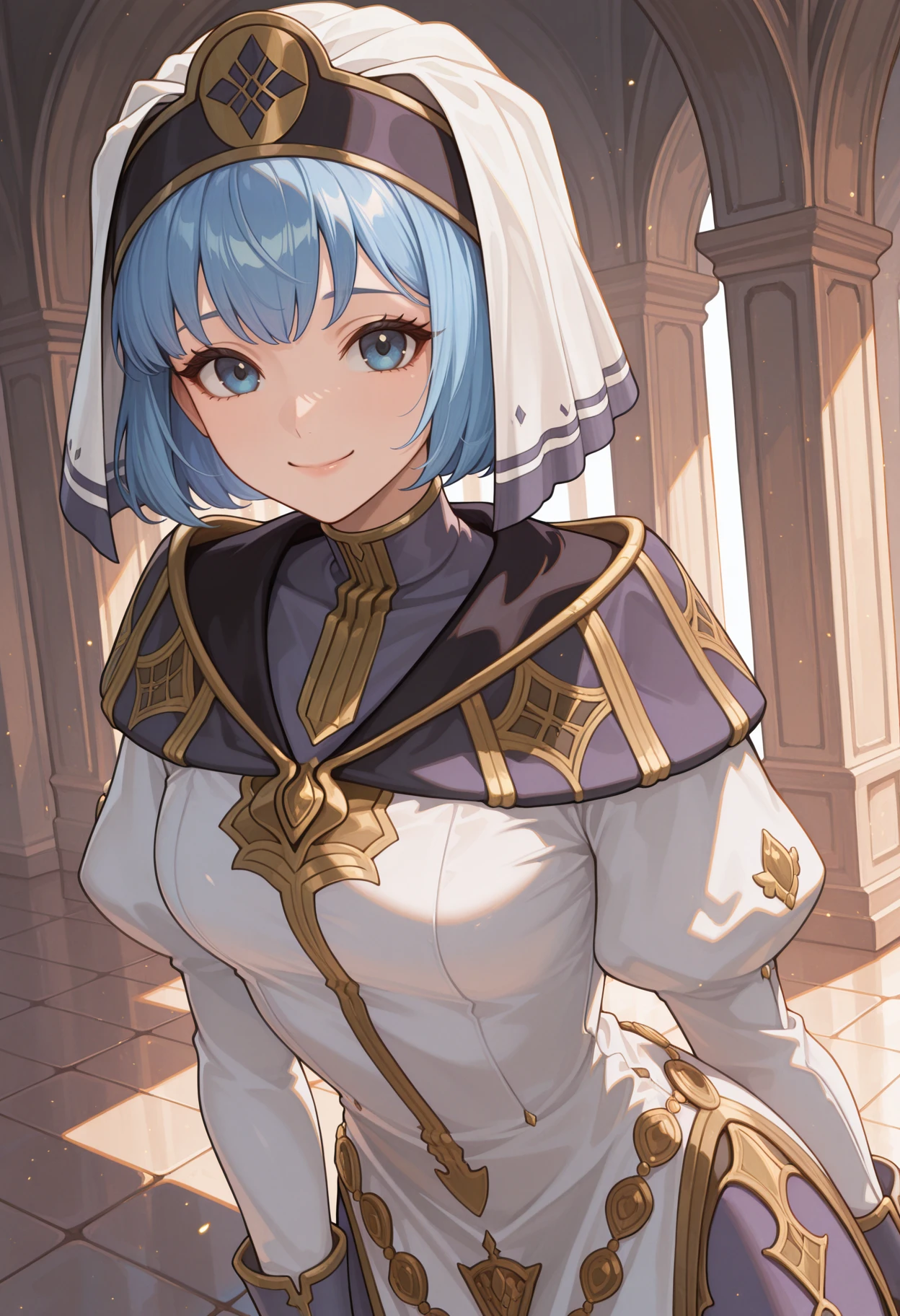 masterpiece, best quality, absurdres, highres, newest, 1girl, solo, <lora:silque-fe-richy-v1_ixl:1> silquedef, blue hair, short hair, blue eyes, veil, dress, looking at viewer, smile, closed mouth,
