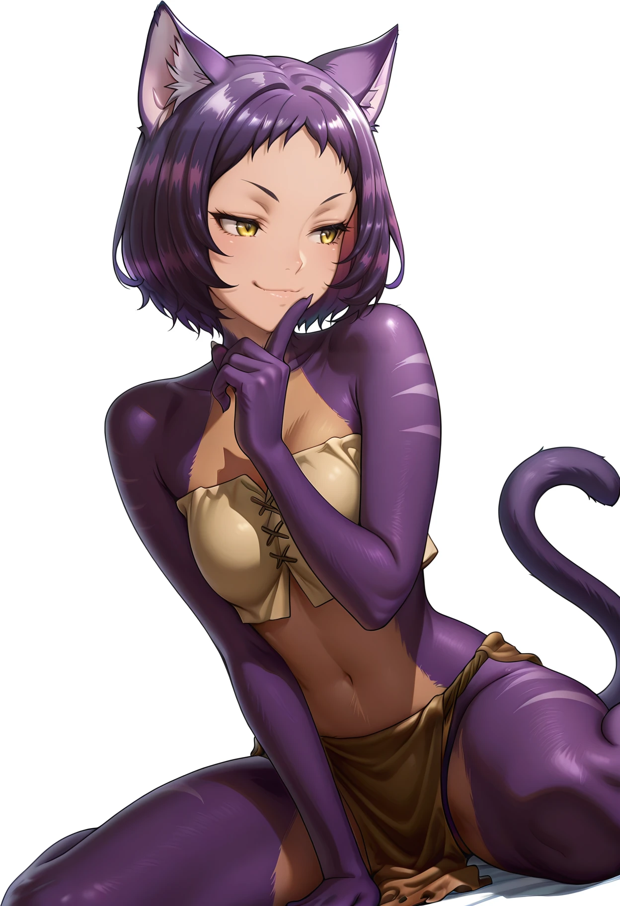Smooth Quality,masterpiece, ultra realistic, masterpiece, high detailed skin,
simple background, white background,
dutch angle,wariza,naughty face,
crossed fingers,
clothing aside,
<lora:Myaley_Cnn:0.8> myaley/cnn, cat girl, short hair, cat ears, purple hair, yellow eyes, multicolored hair, cat tail,loincloth,solo,fur,