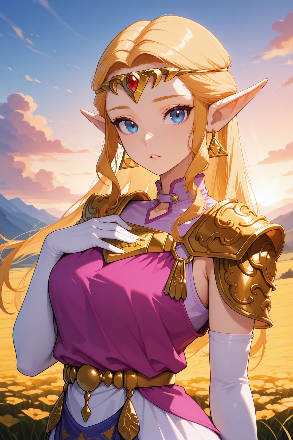 masterpiece, best quality, 1girl, solo <lora:ootzelda-illu-nvwls-v1-000006:1> ocarzld, blonde hair, long hair, sidelocks, blue eyes, pointy ears, gold tiara, earrings, gold armor, shoulder armor, long dress, white dress, magenta tunic, sleeveless tunic, elbow gloves, white gloves, upper body, sunset, parted lips, looking at viewer, hand on own chest, field,