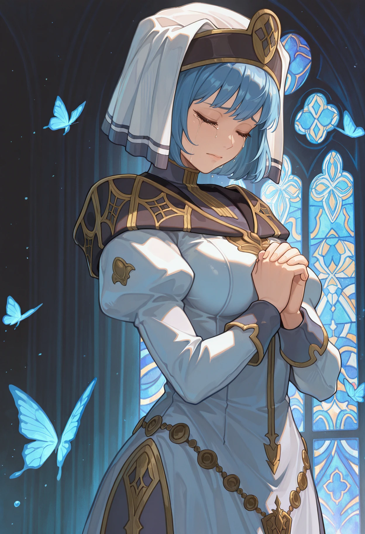 masterpiece, best quality, absurdres, highres, newest, 1girl, solo, <lora:silque-fe-richy-v1_ixl:1> silquedef, blue hair, short hair, closed eyes, veil, breasts, dress, praying, blue butterfly, simple background, black background, indoors, stained glass, blue theme, crying, looking down, own hands together, abstract background, closed mouth,
