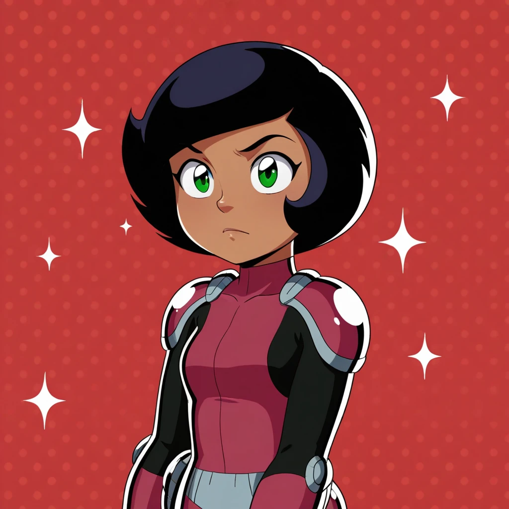 masterpiece, best quality, Megan, 1girl, solo, black hair, short hair, green eyes, dark skin, bodysuit, armor, upper body, <lora:Megan_SpieZ_illustrious_Leaf1:1>, polka dot background, red background, sparkle background,