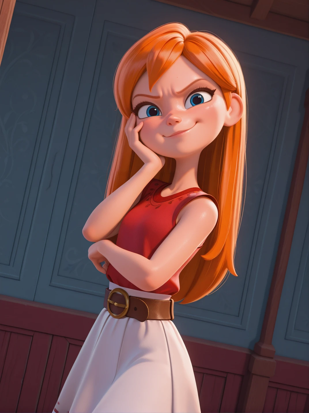 highres, hi res, best quality, masterpiece,
1girl, (CandaceXL),, orange hair, blue eyes, long hair, sleeveless, red shirt, belt, white skirt,,
light smile, dutch angle, naughty pose, looking at viewer, indoors, house, solo, dynamic pose, cowboy shot, head tilt, from above, head focus, hand on own cheek, nervous, angry, from side, very expressive face,
<lora:Candace-ILV1:0.8>,, <lora:DisneyStudios_style-12IL:1>, DisneyStudioXL,,, cartoon, cinematic,,3d,