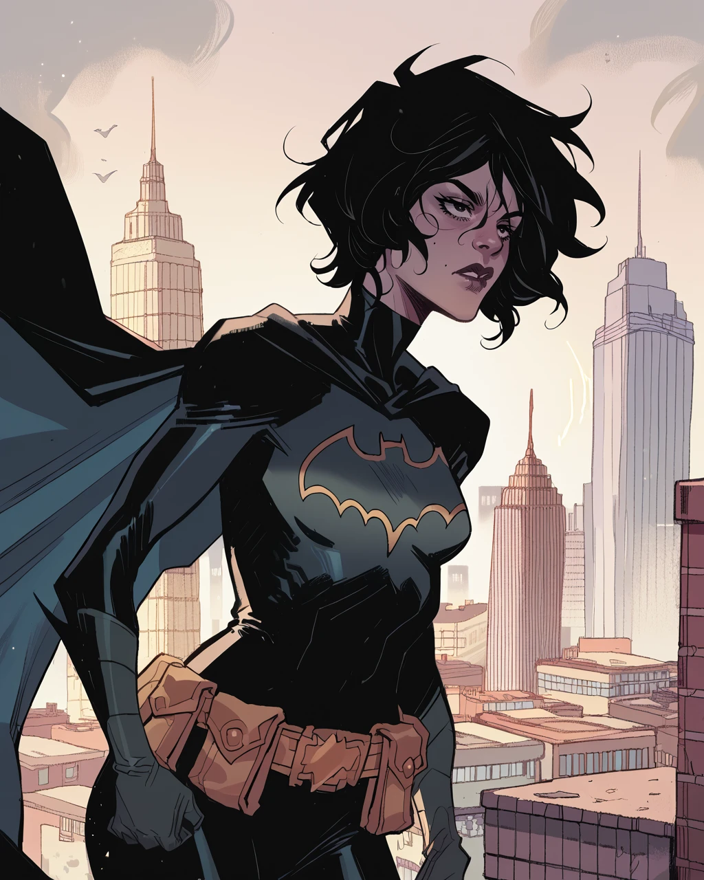 score_9, score_8_up, score_7_up, score_6_up, masterpiece, best quality,   zPDXL3, zPDXLxxx,   <lora:MarcoChecchetto:1> checchetto,      <lora:Batgirl_-_Cassandra_Cain_Pony:0.9> cassandracain, bodysuit, cape, belt, utility belt, short hair, black hair, solo, rooftop, cityscape,