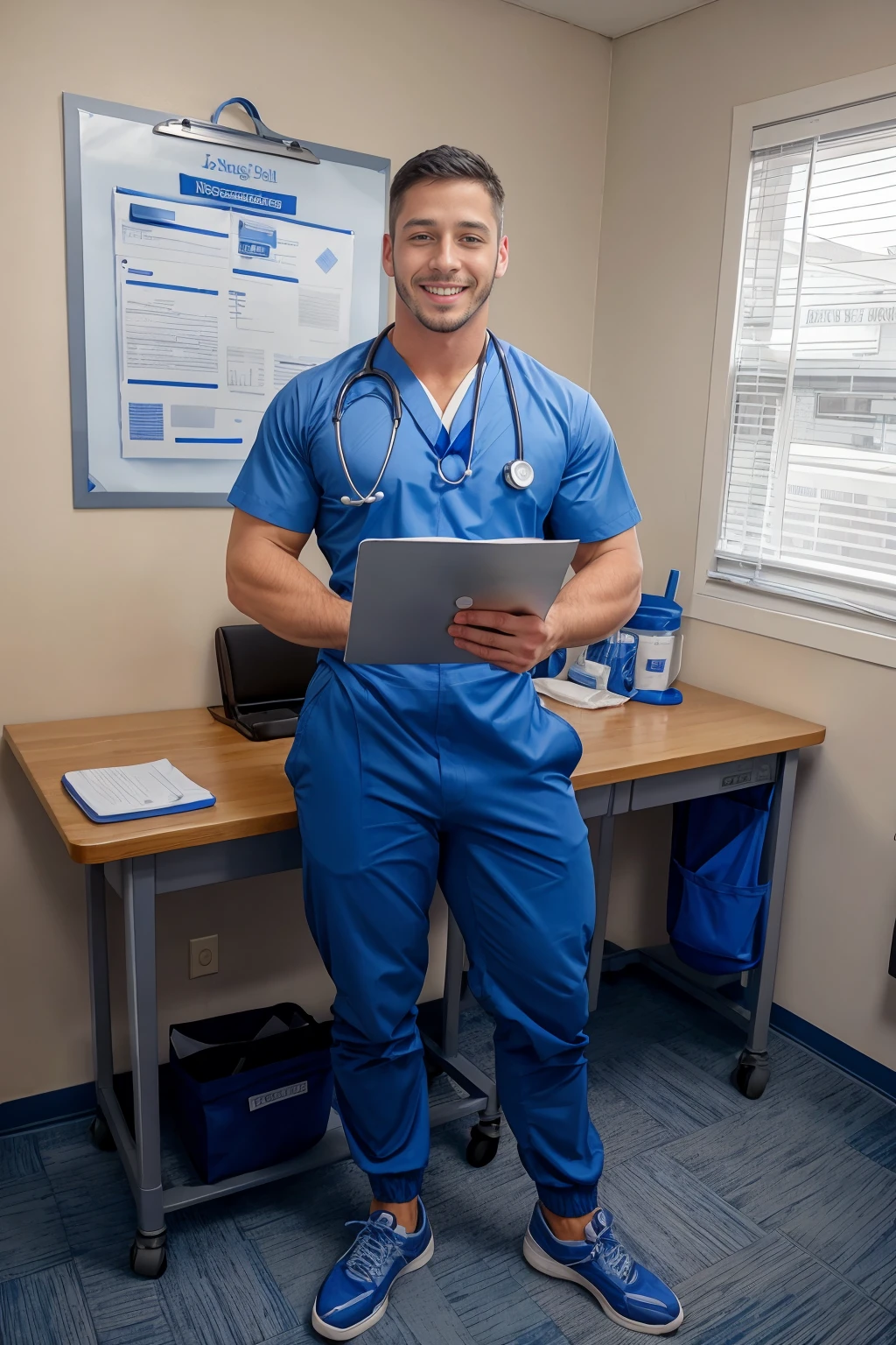 doctor's office, examination table, standing, smiling, JohnBronco is male nurse, wearing a blue nursing uniform, mens' nursing uniform, blue nursing scrubs, blue pants, gray sneakers, holding clipboard, ((full body portrait)), wide angle <lora:JohnBronco:0.8>