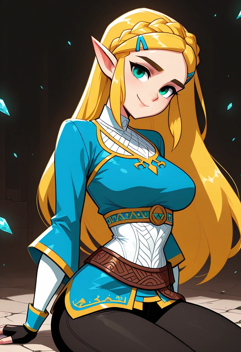 masterpiece, best quality, medium breasts, (curvy), BREAK, princess zelda, long hair, crown braid, hairclip, pointy ears, blue shirt, long sleeves, fingerless gloves, black gloves, black pants, tight pants, smile, curvy, head tilt, sitting,smile, looking at viewer, cowboy shot, <lora:Style60_IXL:1.5>,