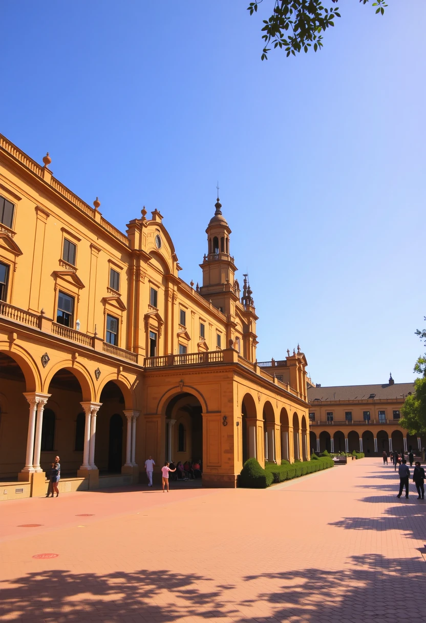 realistic, best quality,, <lora:Plaza_de_España_Spain_Square_-_Seville_Flux:1> plazaespaña, Plaza de España, Spain Square a historic square in Seville, Sevilla sunny day. The scene features a picturesque, with ornate architectural details including arched windows, midnight, lights,