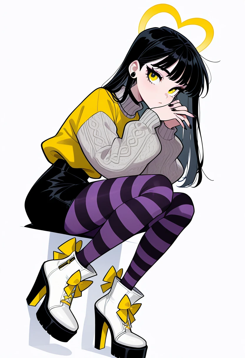 masterpiece, best quality, 1girl, solo, eyelashes, (beautiful eyes), C0utur3Cr4z3, 1girl, solo, skirt, simple background, shirt, long sleeves, white background, bow, standing, full body, pantyhose, shoes, striped, black skirt, nail polish, high heels, sweater, fur trim, white footwear, own hands together, black nails, yellow bow, striped bow, striped pantyhose, footwear bow, purple pantyhose, sitting, knee up, <lora:Style60_IXL:1.0>,