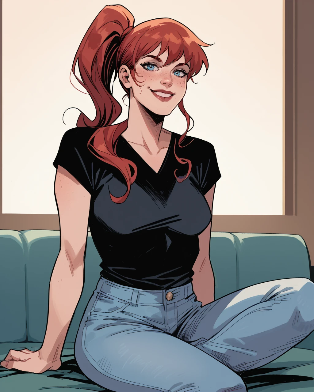 score_9, score_8_up, score_7_up, score_6_up, masterpiece, best quality,   zPDXL3, zPDXLxxx,   <lora:MarcoChecchetto:1> checchetto,   <lora:MJ_90s:0.7> mj, red hair, long hair, ponytail,  blue eyes, black t-shirt, jeans, sitting, looking at viewer, smile, freckles,