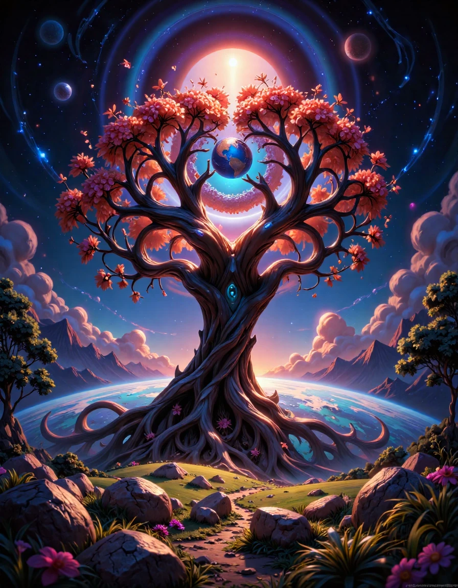"godly tree of life seen from outer space engulfs the earth, cinematic view, epic sky, detailed, concept art, low angle, high detail, warm lighting, volumetric, godrays, vivid, beautiful, trending on artstation, by jordan grimmer, huge scene, grass, art greg rutkowski"
