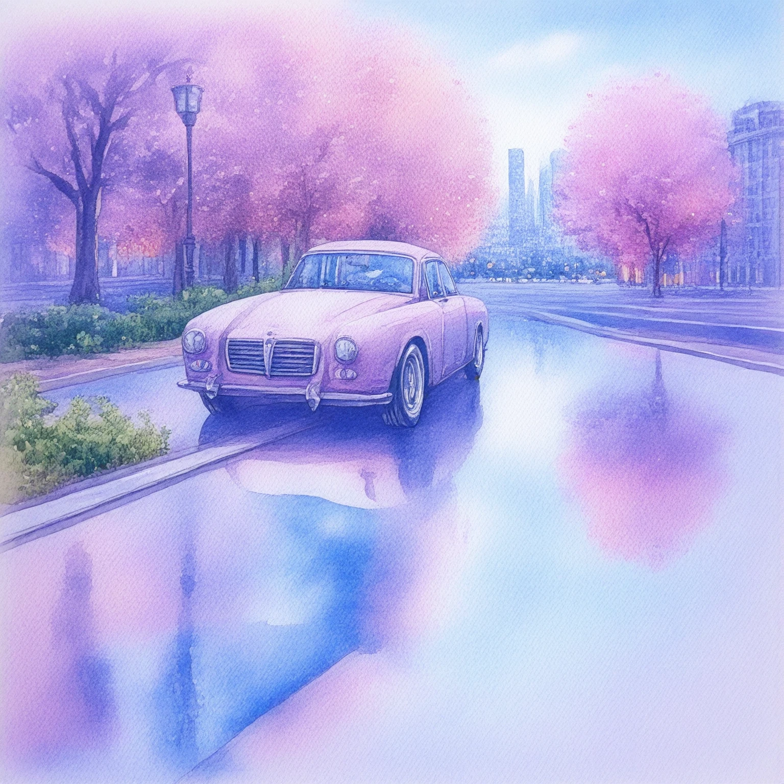 <lora:WatercolorIll:1> ArsMJStyle, watercolor Cityscape, A watercolor painting of a city street with cars driving down it., tree, no humans, scenery, sky, outdoors, building, cloud, ground vehicle, day, lamppost, motor vehicle, traditional media, reflection, cherry blossoms, car, painting (medium), road, blue sky, city, water, soft