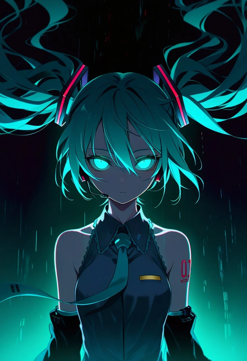 nlstn, 1girl, glowing, glowing eyes, long hair, solo, twintails, necktie, floating hair, looking at viewer, upper body, headset, shirt, sleeveless, detached sleeves, aqua eyes, hair between eyes, bare shoulders, very long hair, sleeveless shirt, collared shirt, tattoo, aqua hair, expressionless, bangs